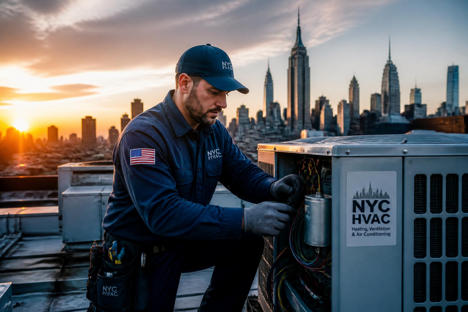 HVAC technician working on a rooftop AC unit with the New York City skyline